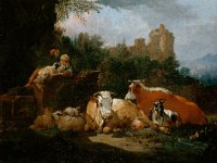 GG 562  GG 562, Johann Heinrich Roos (1631-1685), Italienische Landschaft mit ruhendem Vieh, 1673, Leinwand, 30 x 37 cm : Landschaft, Personen, Tiere